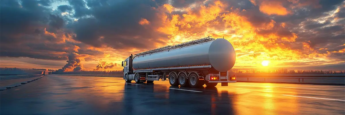 Mobile fuel delivery tanker truck transporting fuel for commercial fleets and construction sites at sunset